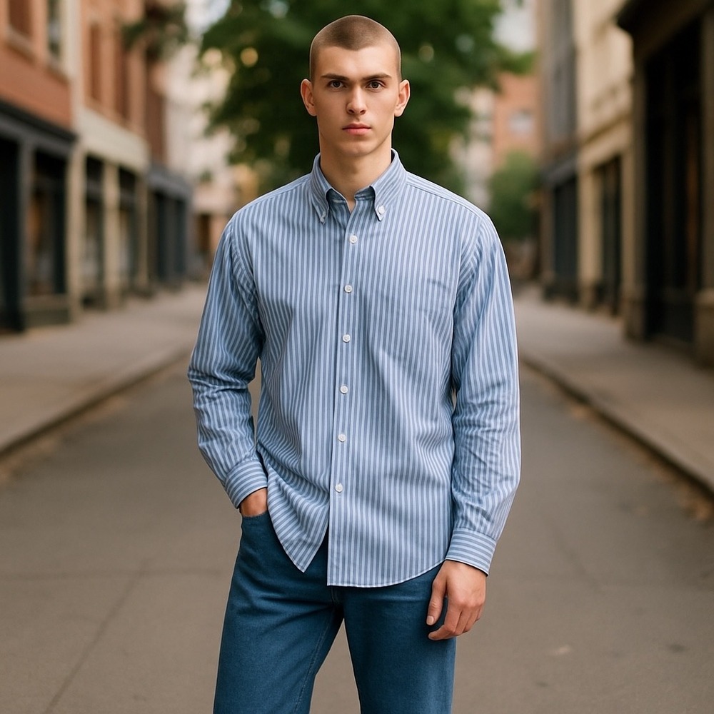 Eddie Bauer Mens Tall L Blue Striped Wrinkle Resistant Button‎ Down Shirt